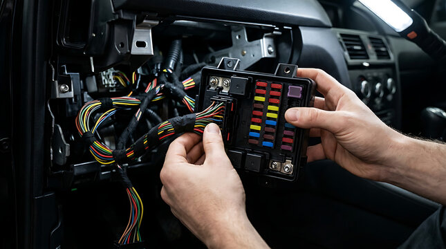 Mechanic replacing or checking fuses in a car fuse box with visible wiring and components