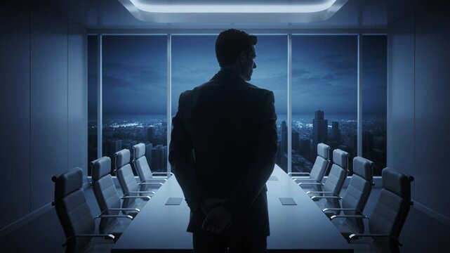 Man in a suit stands at the head of a long boardroom table at night with hands clasped behind his back facing city lights.