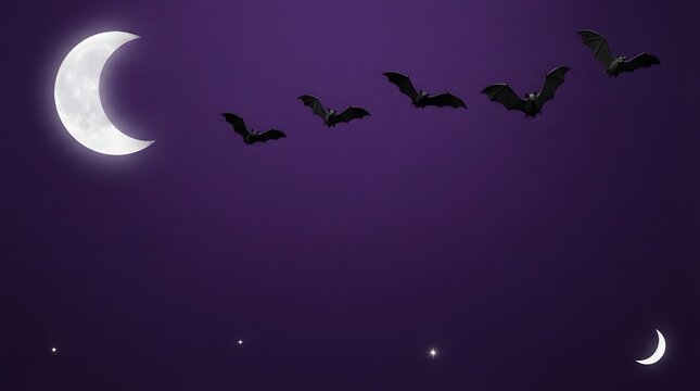 Spooky night sky with crescent moon and flying bats as a creative halloween template background design