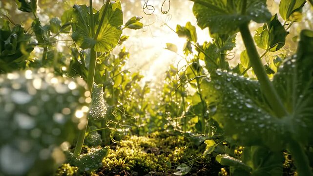Smart Vertical Agriculture with Fresh Green Plant Foliage, Curling Tendril, Moss, Water Droplet, Dew Covered Leaves, and Golden Sunlight for Sustainable Crop Growth and Modern Garden Cultivation