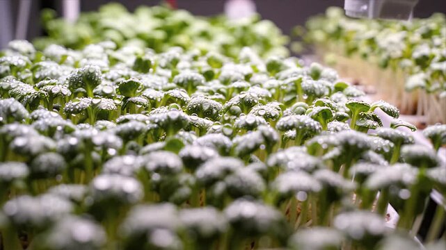 Smart vertical agriculture indoor farming with green plant rows, hydroponic cultivation, controlled lighting, gentle irrigation, fresh microgreens, water droplets, sustainable food production