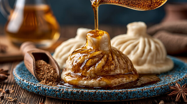 Delicious georgian khinkali dumplings served on a blue plate with sauce pouring