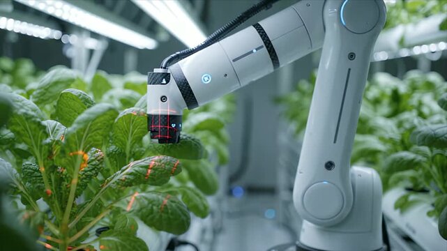 Smart vertical agriculture robotic arm tending leafy green plant controlled greenhouse indoor farm, showcasing automated cultivation, precision technology, efficient lighting and sustainable food