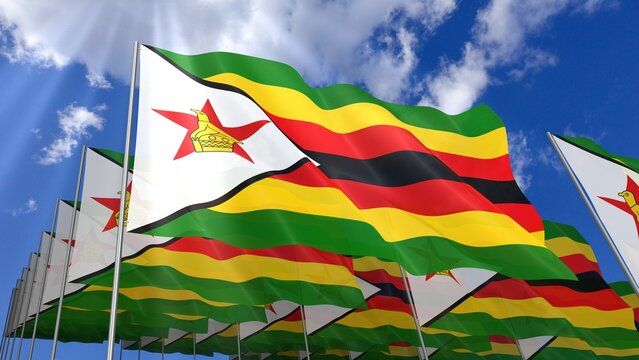 Multiple Zimbabwe flags waving on blue sky