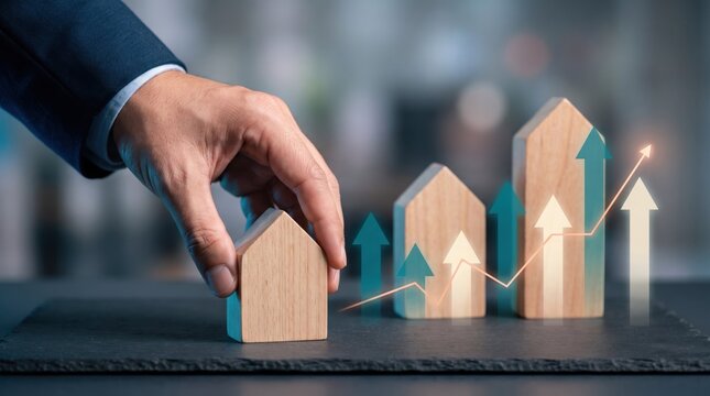 Businessman holding wooden house with growing graph in background