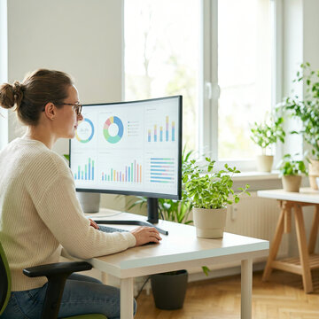 Woman with glasses typing at a desk while reviewing charts on a monitor in a home office