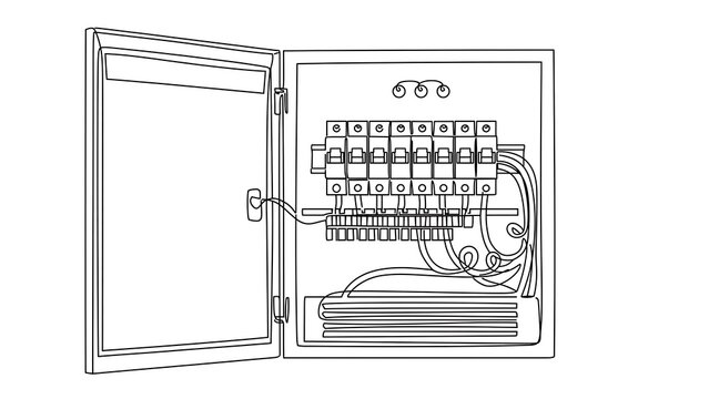 Open electrical panel with circuit breakers white background.