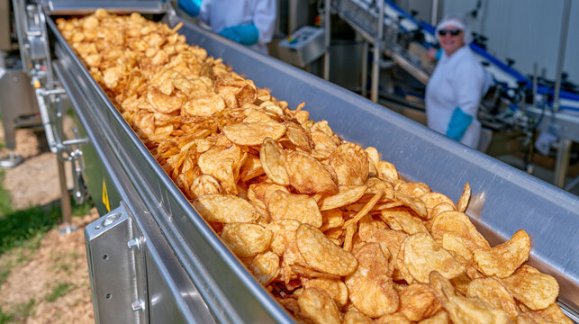 Long production line filled with rows of golden potato chips moving toward automated packaging machines, wide industrial food factory interior, workers in hygienic protective clothing supervising pr