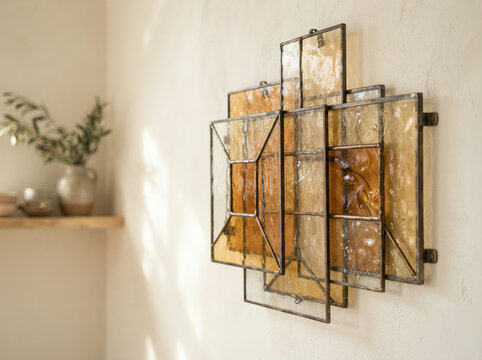 Overlapping amber glass rectangles form a geometric wall hanging above a wooden shelf
