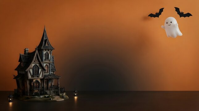 Festive halloween template featuring a haunted house ghost and bats against an orange background with copy space