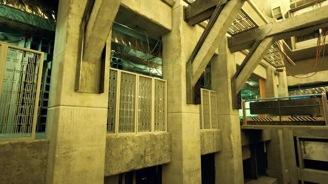 Concrete brutalist station interior green glow reveals geometric pillars, metal railings, textured walls and cinematic low light empty transit atmosphere evokes