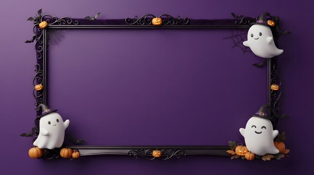 Creative halloween template with cute ghost decorations and empty frame on a dark purple background