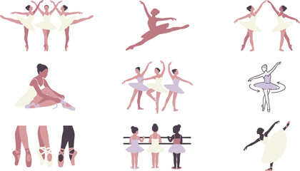 Ballet Dancer Illustration Collection with Ballerinas Performing Poses, Pirouettes, Arabesques, Ballet Training, Pointe Shoes and Dance Rehearsal Scenes © MdSumon