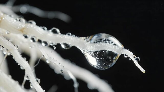 Smart Vertical Agriculture White Root Structure With Water Droplet Macro Detail, Black Background, Efficient Irrigation, Sustainable Cultivation, Clean Nature Study, Pale Plant Stem close up