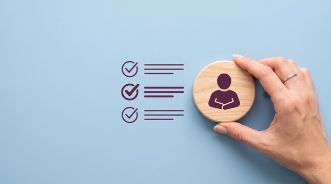 woman hand holding wooden token with checklist and profile icon