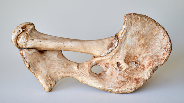Museum-quality scientific 3D model displaying healthy hip bone anatomy on the left and advanced cancerous bone changes on the right, dramatic contrast between smooth compact bone and distorted fragi