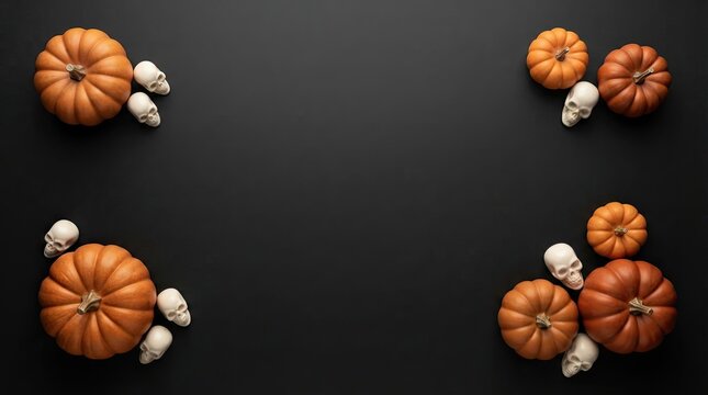 Orange pumpkins and human skulls on a dark black background