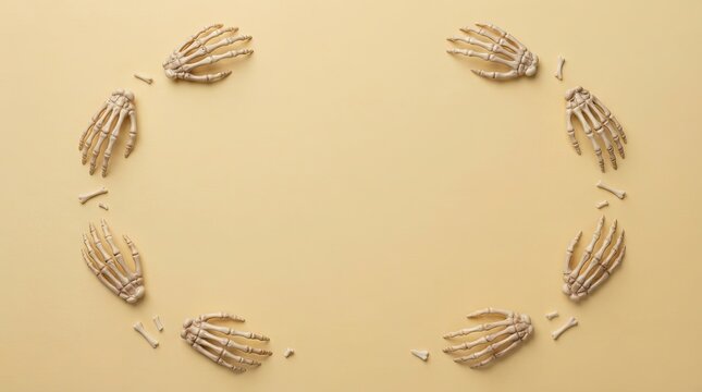 Human skeleton hand bones arranged in a circle on a light beige background