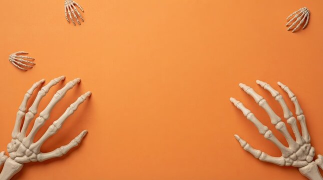 Human skeleton hands on orange background for halloween celebration