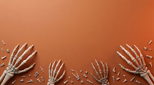 Human skeleton hands reaching up from a colorful orange background