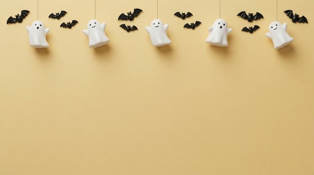 Cute ghost and bat decorations hanging on a light orange background