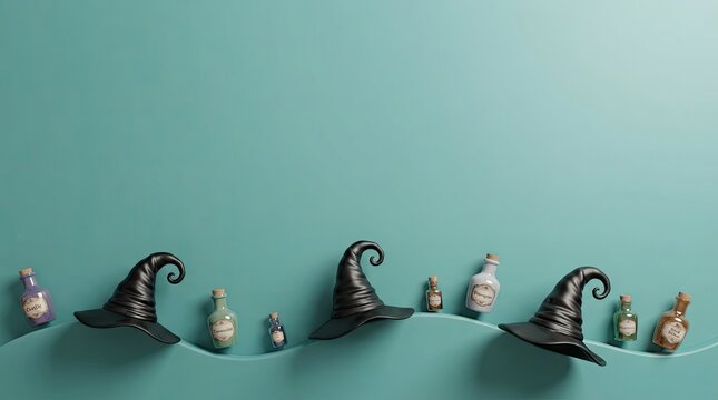 Black witch hats and potion bottles on a blue wave background