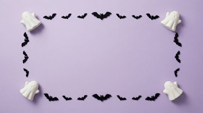 Halloween frame with cute ghosts and black bats on a purple background