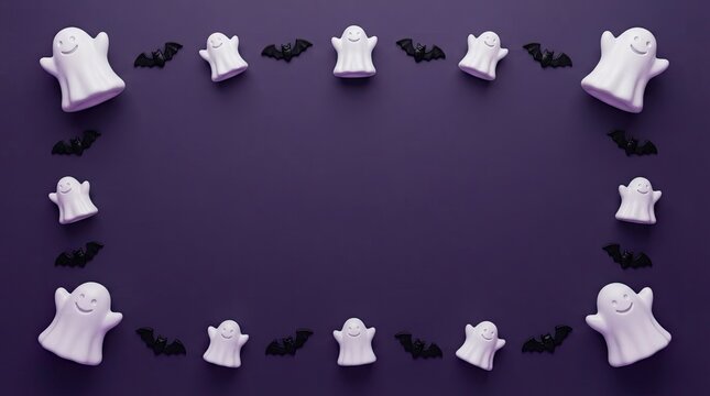 Halloween frame with cute ghosts and black bats on dark purple background