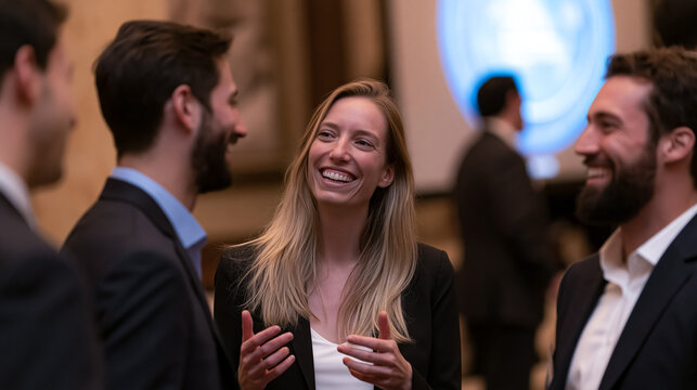Smiling attendees enjoy casual networking and conversation at a business event, showing positive social connection and approachable professional personality.