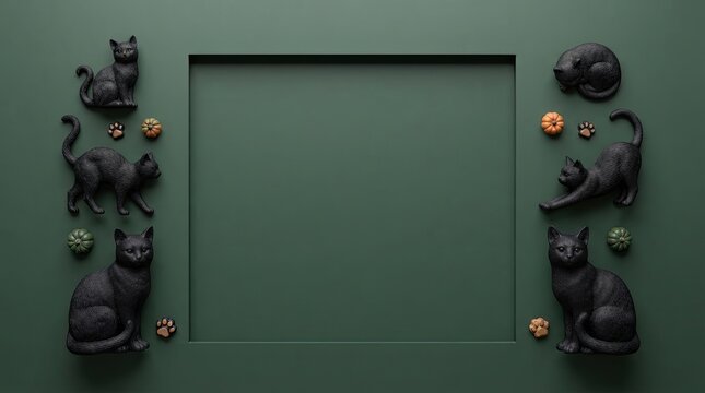 Black cat figures with pumpkins and paw prints on a dark green frame