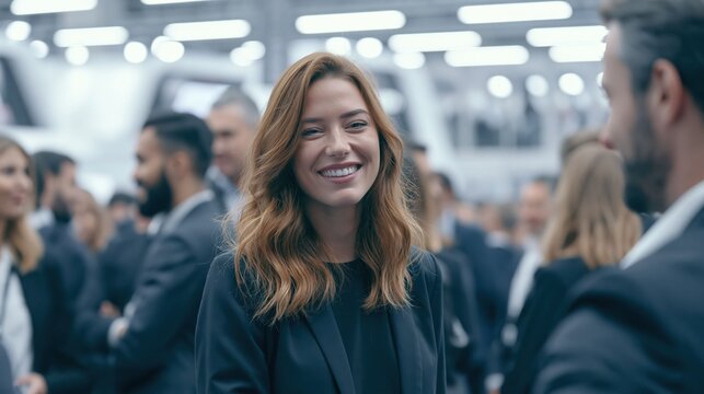 Smiling attendees enjoy casual networking and conversation at a business event, showing positive social connection and approachable professional personality.