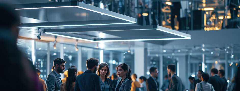 Smiling attendees enjoy casual networking and conversation at a business event, showing positive social connection and approachable professional personality.