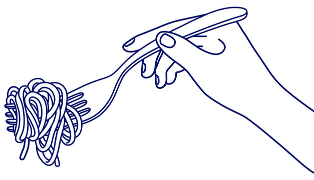 A line sketch illustration of a food concept, showing a hand holding a fork and spaghetti noodles