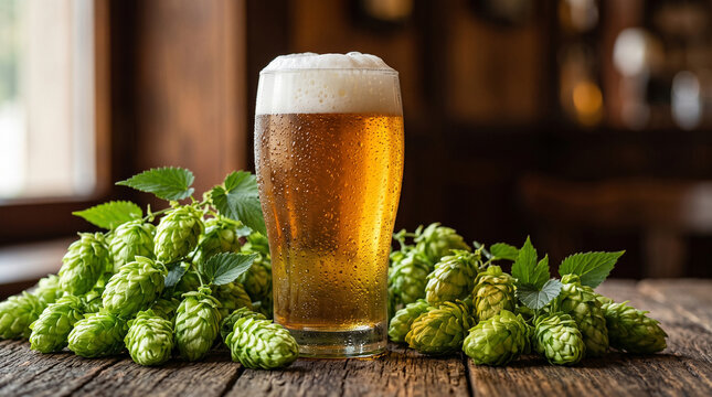 glass of cold beer with fresh hop cones on wooden table