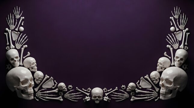 Spooky dark halloween template with human skulls and bones frame on a purple background design