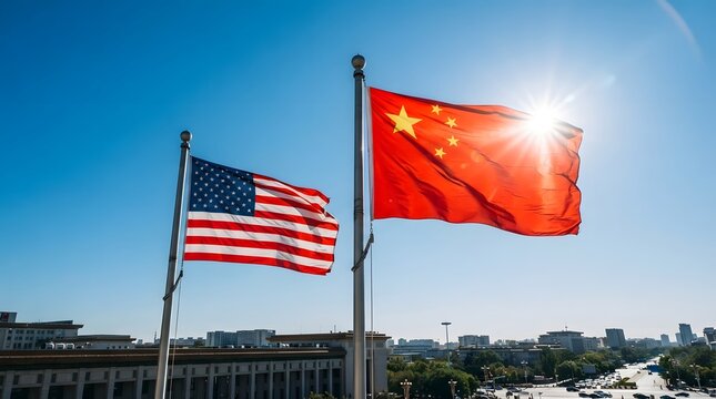The national flags of the united states and china flying together under a bright blue sky during the celebration period of the national day china