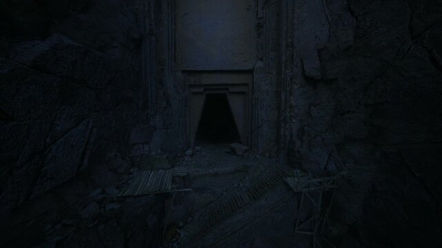 Urban explorer discovering hidden stone entrance, crumbling masonry and metallic debris, flashlight beam illuminating dust motes, tense silence and gritty