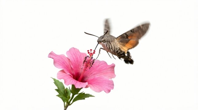 A hummingbird moth with its proboscis extended hovers over a vibrant pink hibiscus flower on a white background