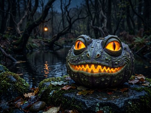 Spooky Monster Pumpkin Lantern Glowing in Dark Halloween Swamp Forest Night