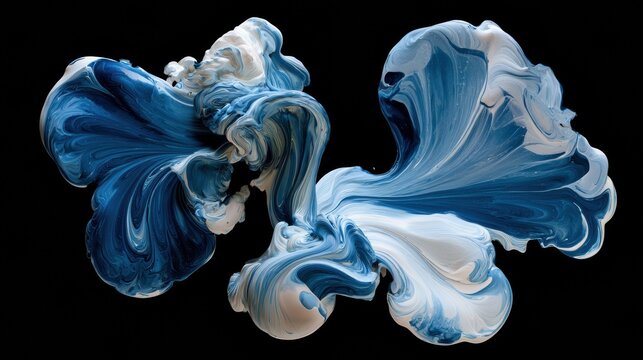 Thick paint swirls in deep blue and white patterns, forming loops that resemble clouds in water against a black background.