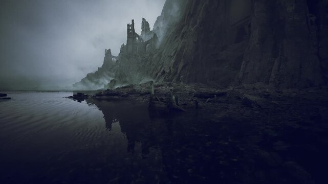 Silent coastal fortress silhouette over dark ominous mood, glassy sea reflecting cliff base, jagged rock spires and subtle film grain creating cinematic