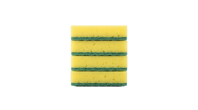 Neat stack of four yellow and green cleaning sponges is arranged vertically against a plain white background for household chores.