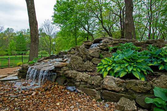 Hosta garden with flowing water