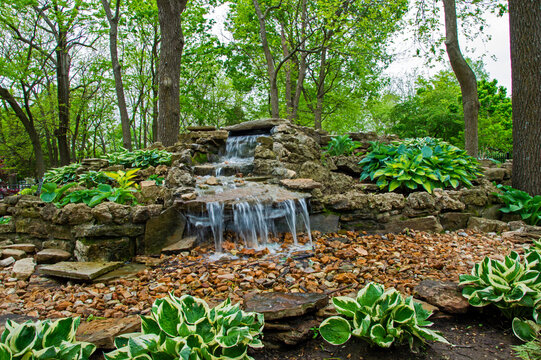 Hosta plants and milky flowing water