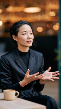 Young asian woman in black suit talking and gesturing at cafe table with coffee, professional conversation in modern indoor setting
