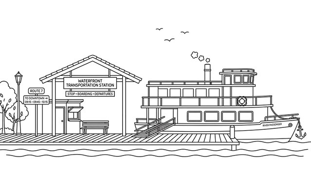 Riverside dock with boat and building white background.