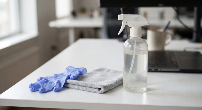 Clear spray bottle, blue gloves and gray cloth on a white office desk near a keyboard, ready for surface cleaning and hygiene