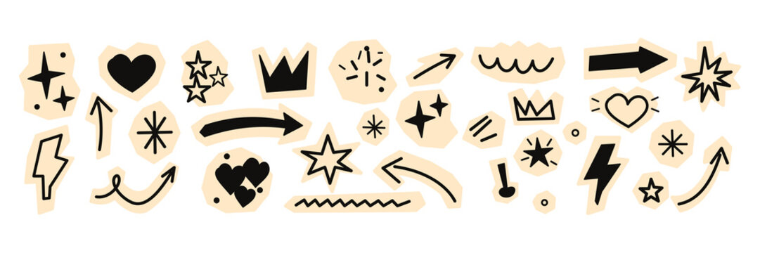 Hand Drawn Doodle Elements with Arrows Hearts Stars Lightning and Decorative Shapes Isolated Transparent Background