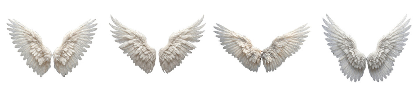 Four pairs of white feathered angel wings spread out in different angles, arranged in a row against a clean white background for fantasy and spiritual concepts.