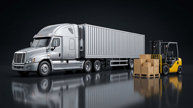 Silver Semi Truck and Yellow Forklift Loading Cardboard Boxes on Dark Background